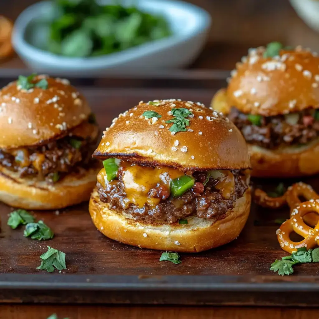 Drei herzhafte Slider mit geschmolzenem Käse, grünen Paprikastücken und Kräutern, auf einer Holzplatte mit Pretzeln im Hintergrund serviert.