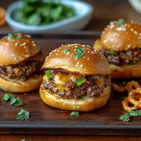 Drei herzhafte Slider mit geschmolzenem Käse, grünen Paprikastücken und Kräutern, auf einer Holzplatte mit Pretzeln im Hintergrund serviert.