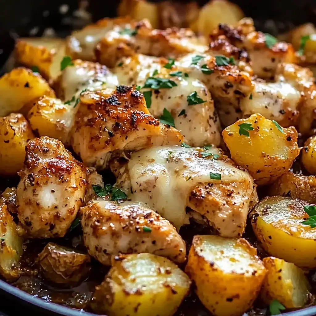 Ein Nahaufnahme-Bild von gewürzten Hühnchenstücken und goldbraunen Kartoffeln, gekrönt mit geschmolzenem Käse und frischer Petersilie.