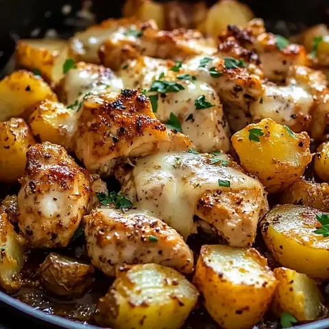 Ein Nahaufnahme-Bild von gewürzten Hühnchenstücken und goldbraunen Kartoffeln, gekrönt mit geschmolzenem Käse und frischer Petersilie.