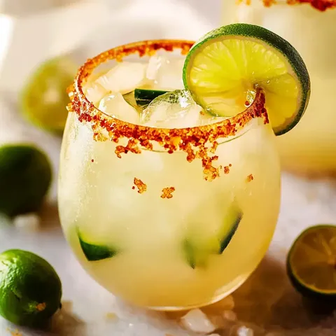 Ein Nahaufnahme eines erfrischenden Cocktails, garniert mit einer Limettenscheibe und einem roten Salzrand, umgeben von Limettenhälften und Eis.
