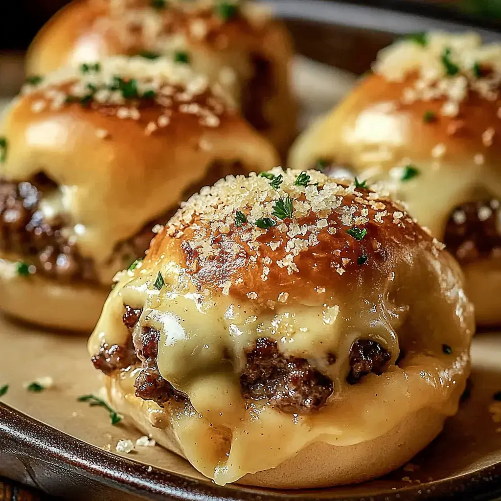 Nahaufnahme goldbrauner, fluffiger Teigtaschen mit geschmolzenem Käse, Kräutern und knusprigen Stücken, gefüllt mit würzigem Fleisch.