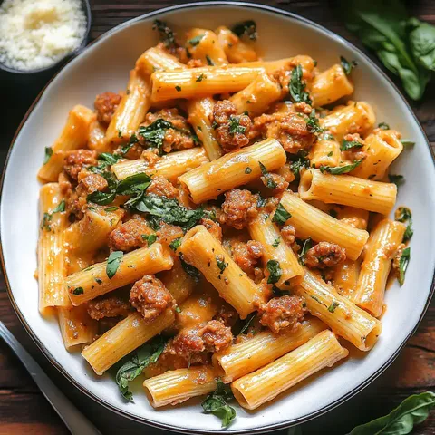 Rigatoni mit Wurst und Kräutern in einer cremigen Sauce serviert, in einer Schüssel angerichtet.