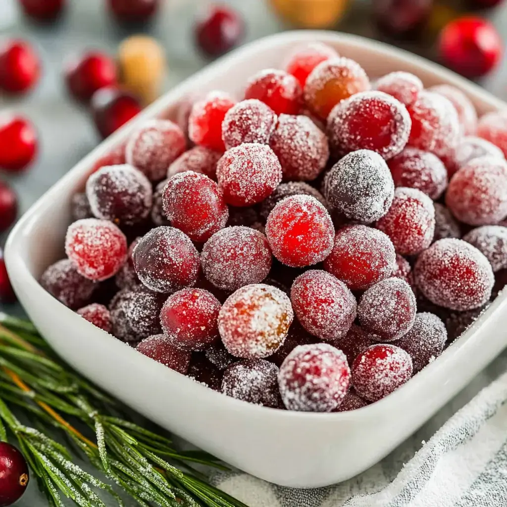 Eine Schale gefüllt mit gezuckerten Preiselbeeren, umgeben von frischem Grün.