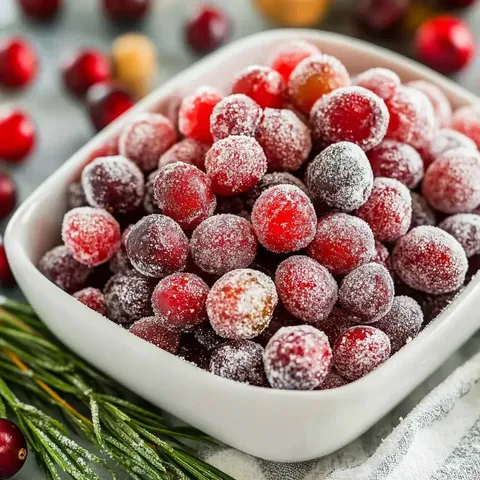 Eine Schale gefüllt mit gezuckerten Preiselbeeren, umgeben von frischem Grün.