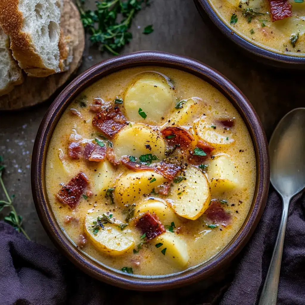 Eine Schüssel cremiger Kartoffelsuppe mit Speckstücken, dekoriert mit Kräutern, serviert mit einer Brotscheibe.