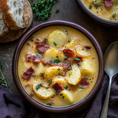 Eine Schüssel cremiger Kartoffelsuppe mit Speckstücken, dekoriert mit Kräutern, serviert mit einer Brotscheibe.