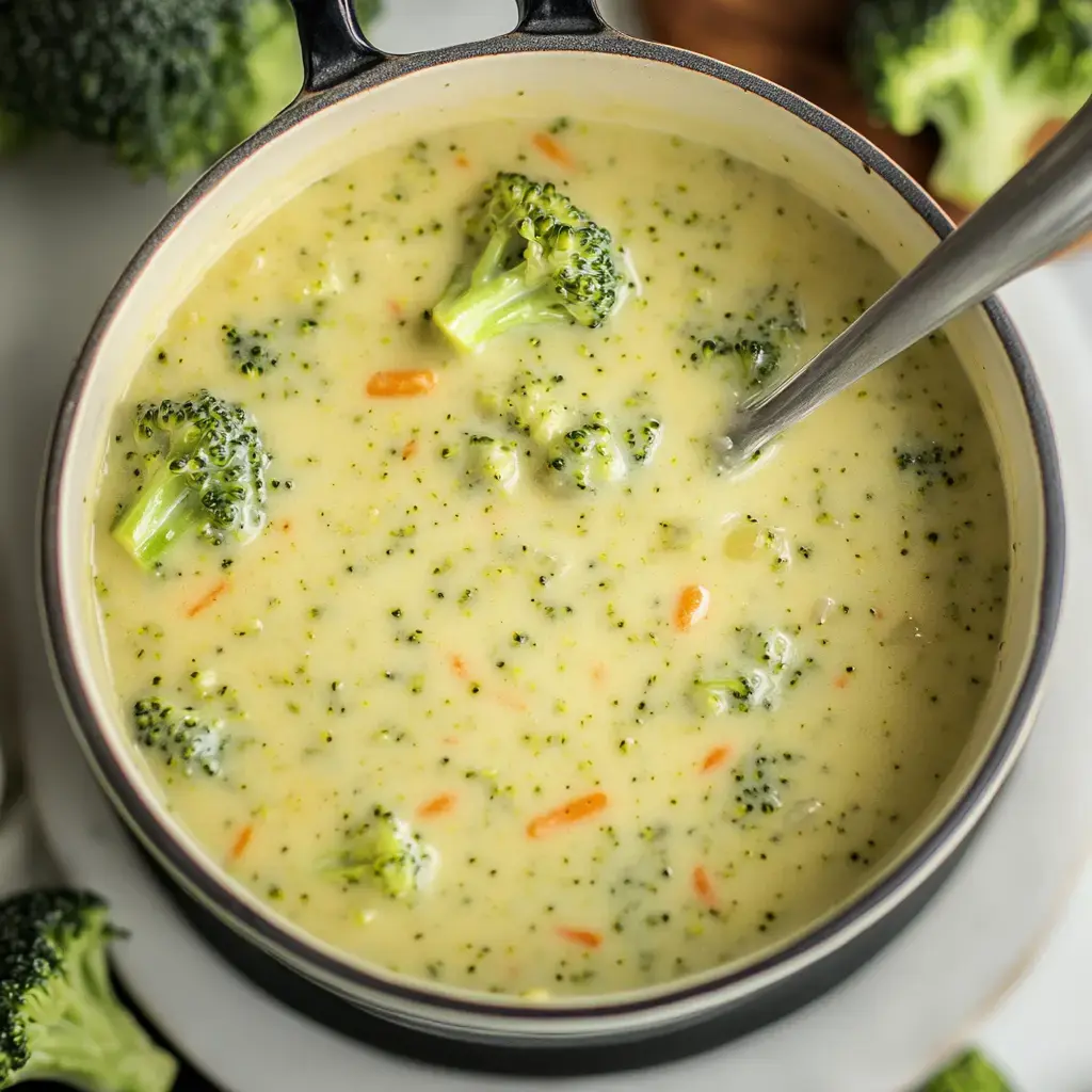 Eine Schale cremige Brokkolisuppe mit Brokkoli- und Karottenstücken, daneben frischer Brokkoli im Hintergrund.