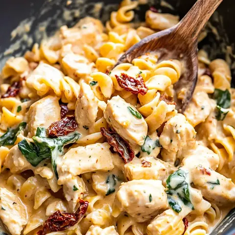 Ein cremiges Pastagericht mit Rotini, Hühnchenstücken, Spinat und sonnengetrockneten Tomaten, gerührt mit einem Holzlöffel.