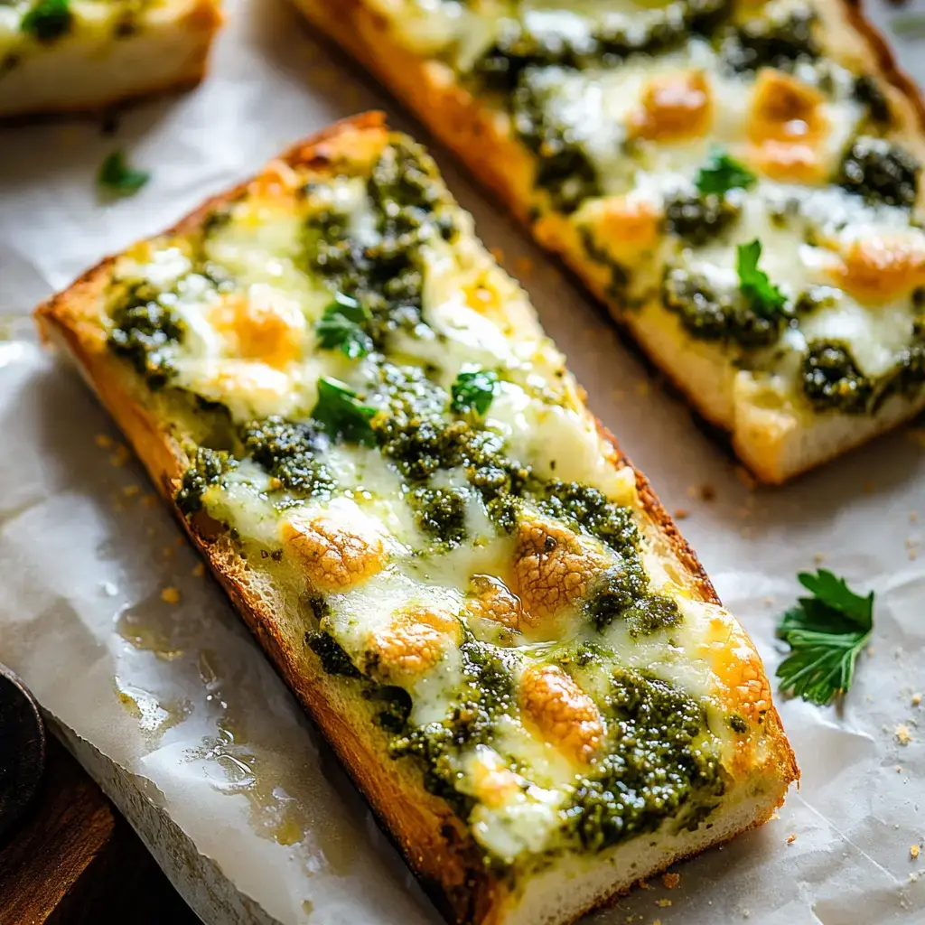 Nahaufnahme von Käse-Pesto-Brotscheiben mit Petersilie, auf Backpapier angerichtet.