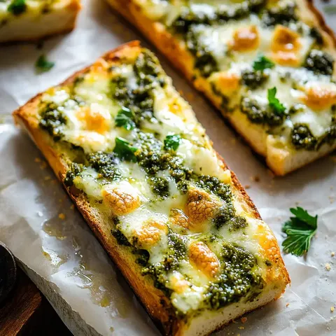 Nahaufnahme von Käse-Pesto-Brotscheiben mit Petersilie, auf Backpapier angerichtet.