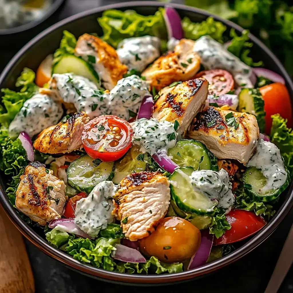 Ein frischer Salat mit gegrilltem Hähnchen, gemischtem Grün, Tomaten, Gurkenscheiben, roten Zwiebeln und einer cremigen Kräutersauce.