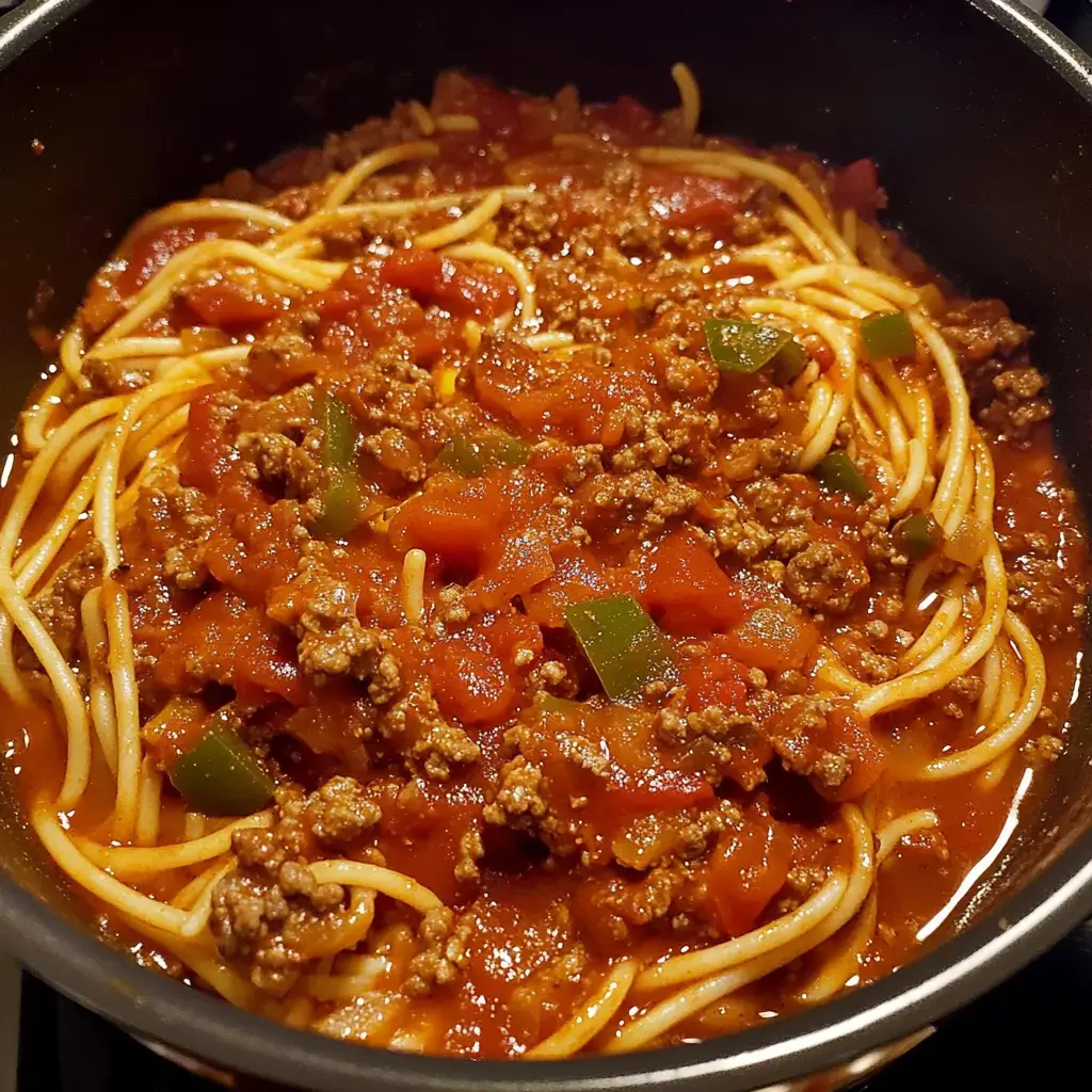 Ein Topf Spaghetti mit Hackfleisch, gewürfelten Tomaten und grünen Paprika in einer würzigen Sauce.