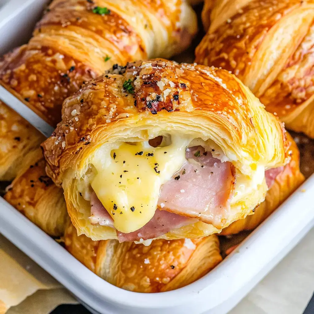 Nahaufnahme eines blätterteigartigen Croissants mit geschmolzenem Käse und Schinken, serviert auf einer weißen Platte.