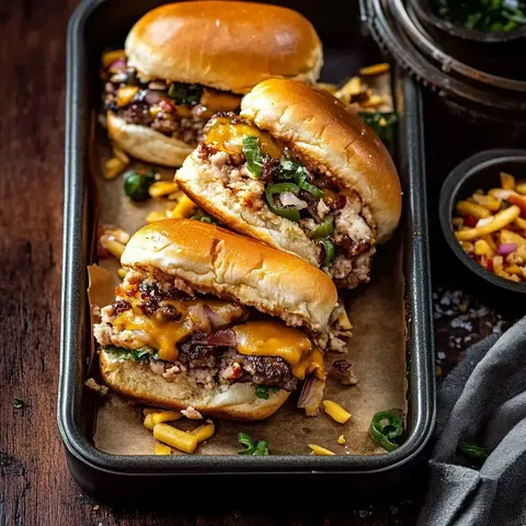 Drei Mini-Burger mit Käse, Toppings und Saucen auf einem Tablett, neben einem kleinen Schälchen mit weiteren Toppings.