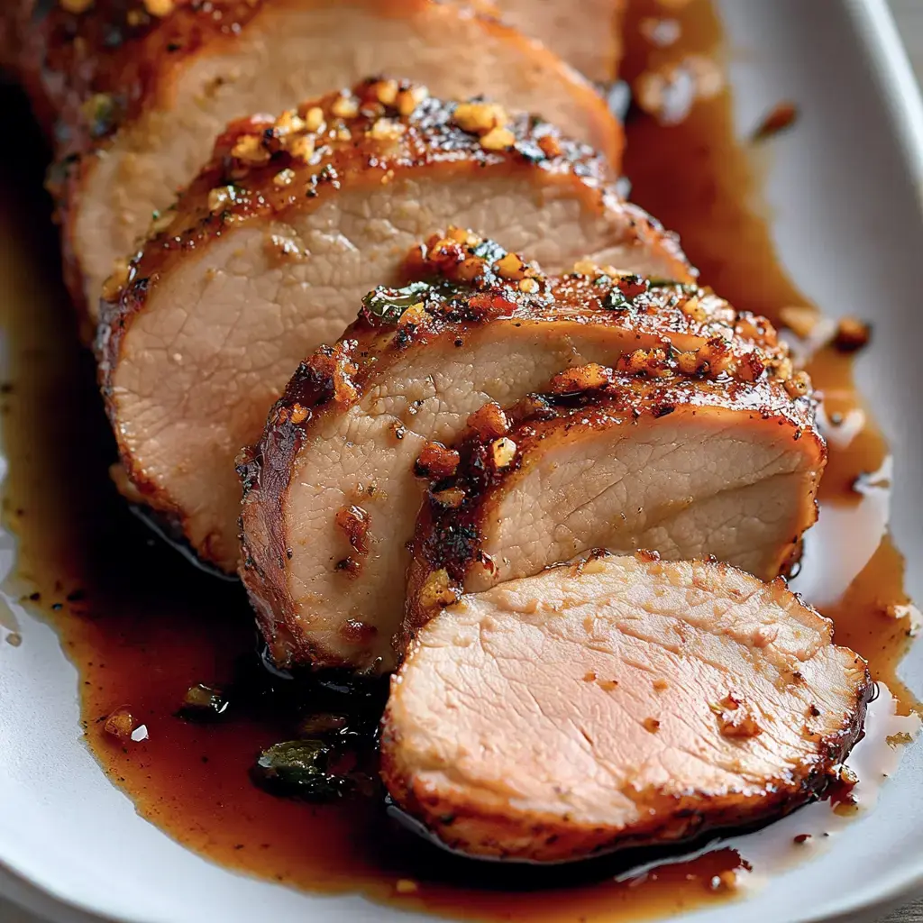 Nahaufnahme von geschnittenem Schweinefilet, übergossen mit herzhafter Soße und bestäubt mit gehacktem Knoblauch.