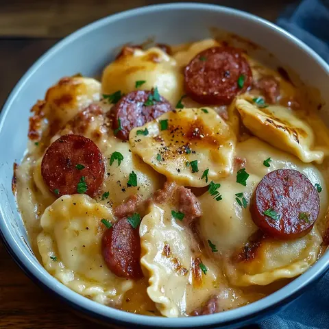 Eine Schüssel mit cremigen Nudeln, Pierogies und Wurstscheiben, garniert mit Petersilie.