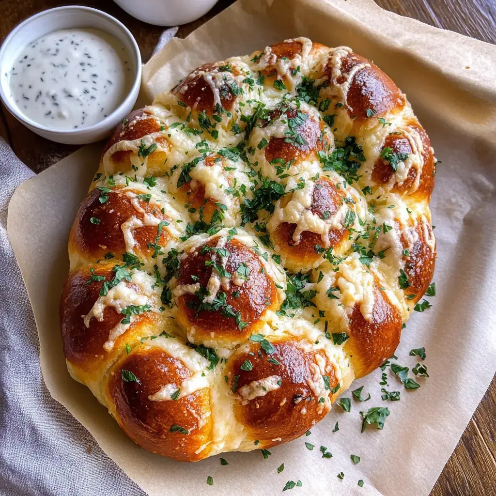 Frisch gebackenes, herzhaftes Ziehbrot mit geschmolzenem Käse und frischer Petersilie, serviert mit einem cremigen Dip.