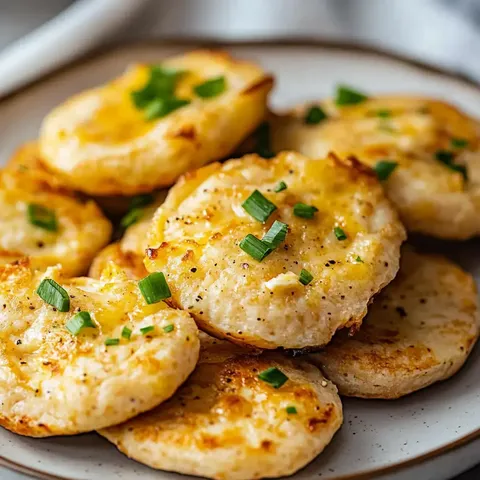 Ein Teller mit goldbraunen, panierten Krabbenhäppchen, garniert mit Frühlingszwiebeln.
