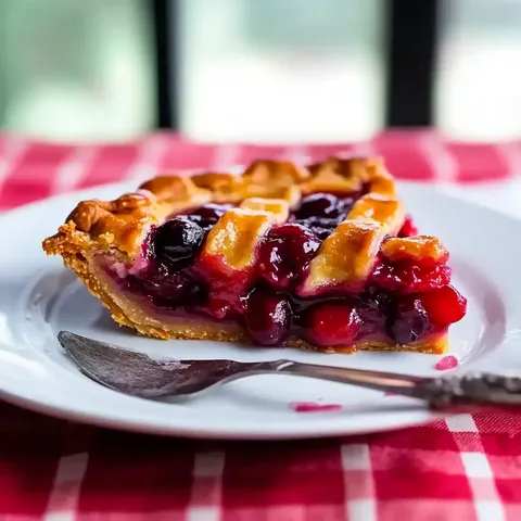 Ein Stück Kirschkuchen liegt auf einem weißen Teller mit einer Gabel daneben, auf einem rot-weiß karierten Tischtuch.