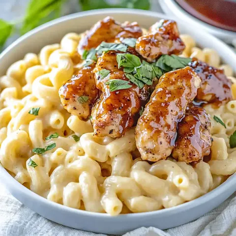 Eine Schale cremiger Macaroni and Cheese mit gegrillten Hähnchenstreifen, glänzender Sauce und frischen Kräutern garniert.