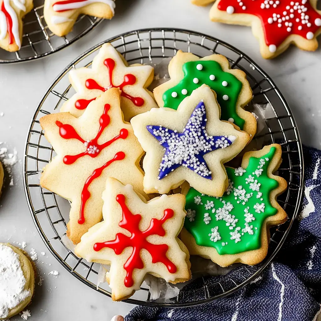 Ein festliches Arrangement dekorierter Weihnachtsplätzchen in Stern- und Schneeflockenform mit leuchtendem Rot, Blau, Grün und Weiß glasiert, präsentiert in einem Drahtkorb.