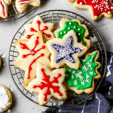 Ein festliches Arrangement dekorierter Weihnachtsplätzchen in Stern- und Schneeflockenform mit leuchtendem Rot, Blau, Grün und Weiß glasiert, präsentiert in einem Drahtkorb.