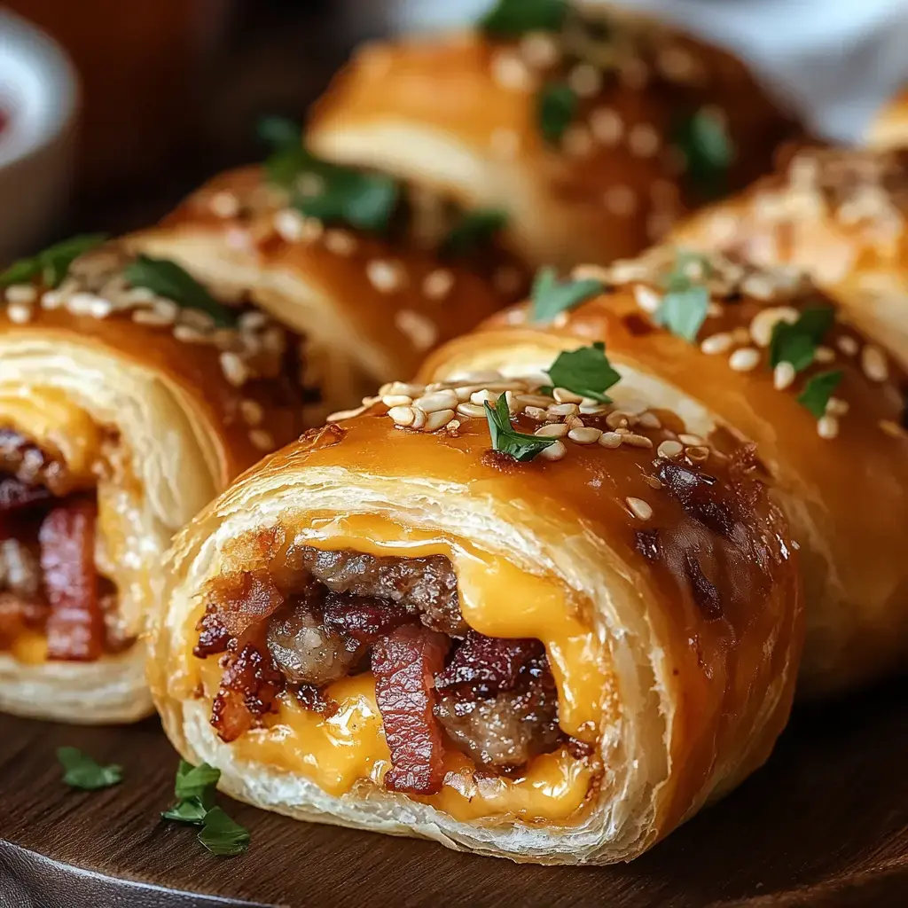 Nahaufnahme von Blätterteigröllchen mit Käse, Speck und Fleisch, dekoriert mit Sesam und Kräutern.