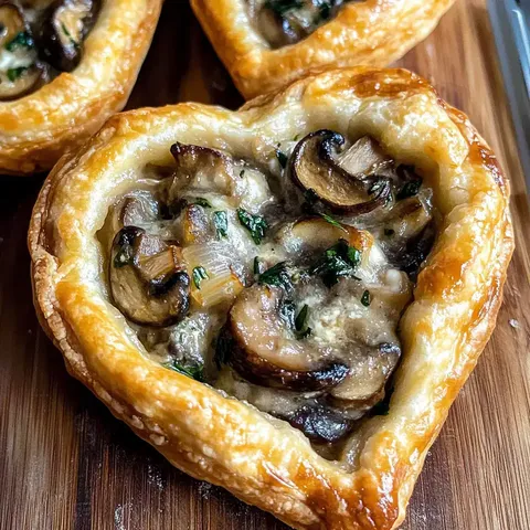 Zwei herzförmige Teigtaschen mit cremiger Pilz- und Kräuterfüllung liegen auf einer Holzoberfläche.