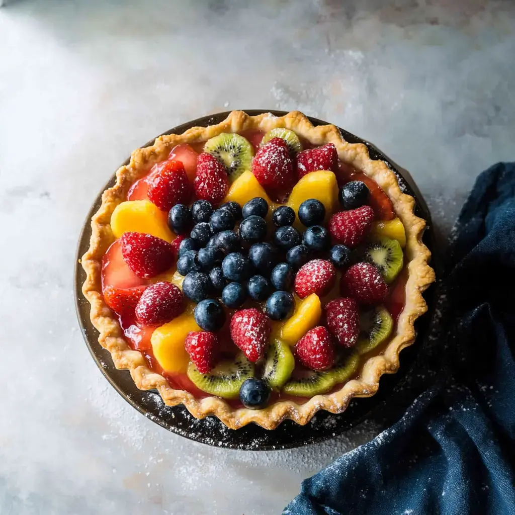 Eine bunte Tarte mit Erdbeeren, Blaubeeren, Kiwi und Mangoscheiben auf einem dunklen Teller.
