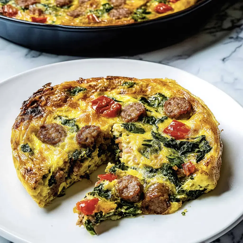 Ein Stück Frittata mit Spinat, Tomaten und Wurst auf einem weißen Teller serviert, im Hintergrund die gesamte Frittata.