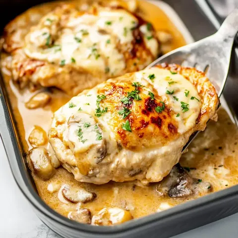 Eine goldbraun überbackene Hähnchenbrust mit geschmolzenem Käse und Kräutern wird aus einer cremigen Pilzsauce in der Auflaufform gehoben.