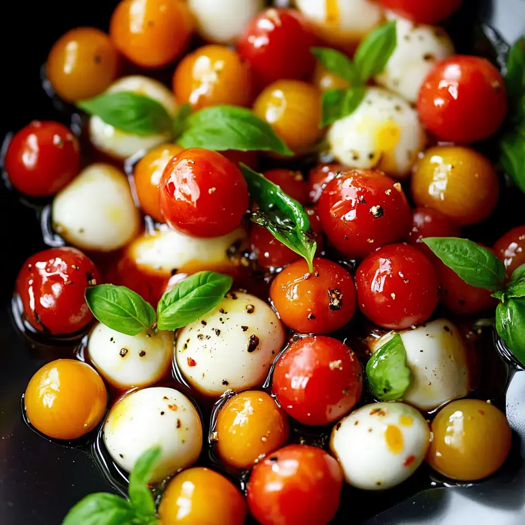 Eine Schale gefüllt mit bunten Kirsch-Tomaten und Mozzarella-Bällchen, garniert mit frischen Basilikumblättern und Olivenöl.