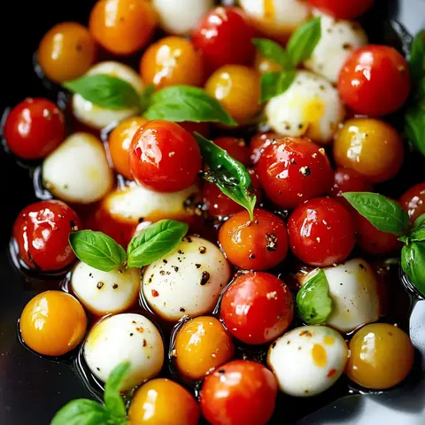 Eine Schale gefüllt mit bunten Kirsch-Tomaten und Mozzarella-Bällchen, garniert mit frischen Basilikumblättern und Olivenöl.
