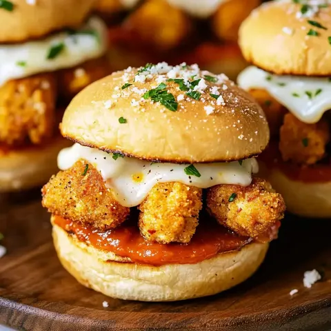 Ein Sandwich mit knusprigem Hähnchen, Marinara-Sauce, Mozzarella und etwas Petersilie, serviert auf einem weichen Brötchen.