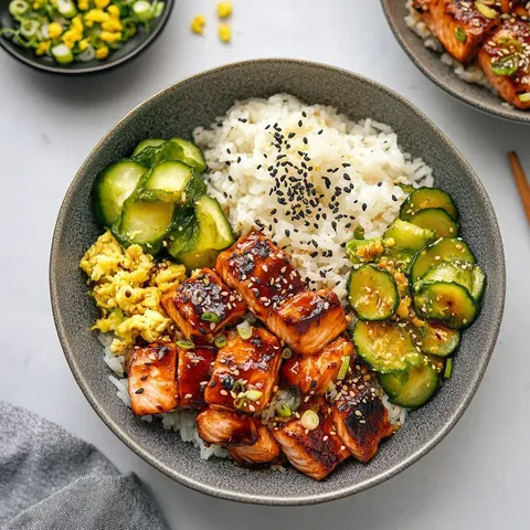Eine graue Schale gefüllt mit weißem Reis, belegt mit glasiertem Lachs, gebratenen Gurken, Rührei, garniert mit Sesam und Frühlingszwiebeln.