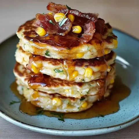 Ein Stapel goldener Maispfannkuchen, garniert mit knusprigem Speck und übergossen mit Ahornsirup, serviert auf einem blauen Teller.