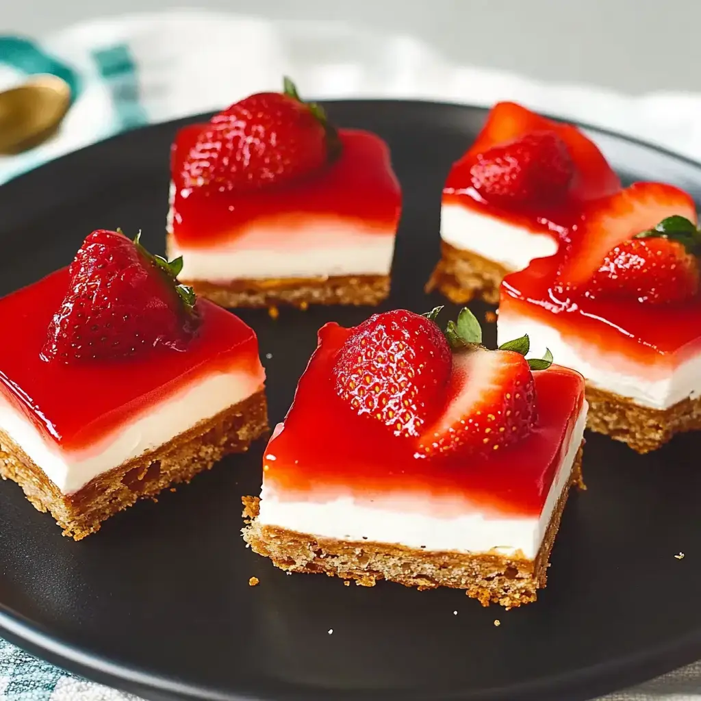 Vier quadratische Erdbeer-Käsekuchen-Stücke auf einem schwarzen Teller, mit rotem Erdbeergelee und frischen Erdbeeren obendrauf.