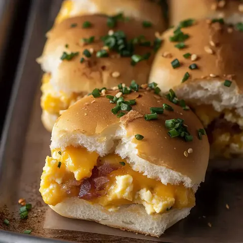 Nahaufnahme eines herzhaften Sliders mit geschmolzenem Käse, Rührei und Speckstückchen, garniert mit Schnittlauch.