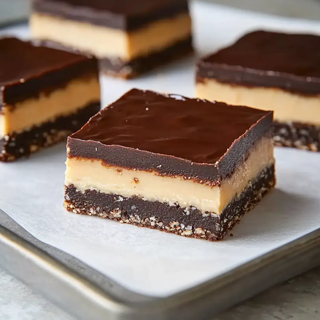 Nahaufnahme von Schoko-Karamell-Dessert auf Backpapier mit Schokoüberzug, cremiger Mitte und krümeligem Boden.
