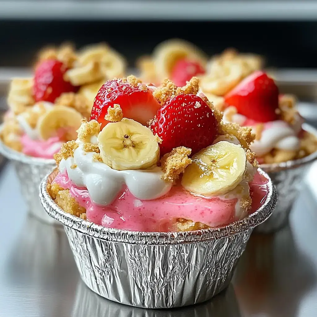 Drei einzelne Dessertgläser mit rosa Creme, Bananenscheiben, Erdbeeren und zerbröselten Keksen belegt.
