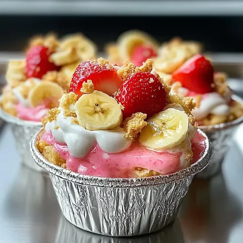 Drei einzelne Dessertgläser mit rosa Creme, Bananenscheiben, Erdbeeren und zerbröselten Keksen belegt.