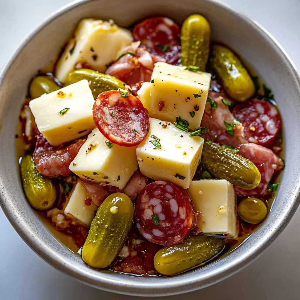 Eine Schüssel mit verschiedenen Zutaten wie Käsewürfeln, Chorizoscheiben, Gurken und Kräutern in einer herzhaften Marinade.