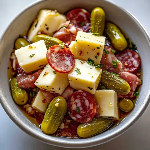 Eine Schüssel mit verschiedenen Zutaten wie Käsewürfeln, Chorizoscheiben, Gurken und Kräutern in einer herzhaften Marinade.