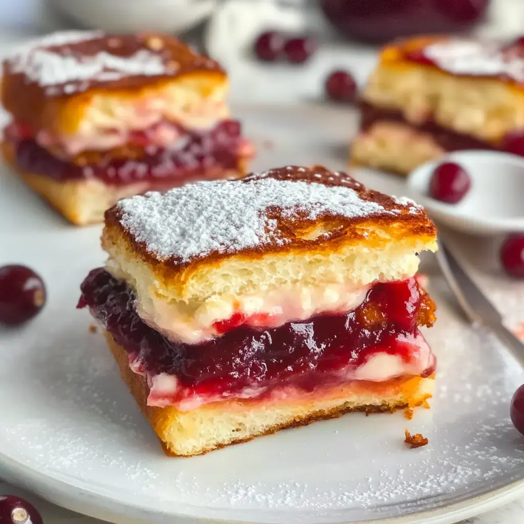 Ein Detailbild eines Desserts mit Schichten aus Creme, Fruchtfüllung und Puderzucker auf einem weißen Teller. Im Hintergrund weitere Stücke und Preiselbeeren.