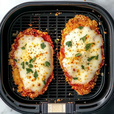 Zwei goldbraune Hähnchen Parmesan mit geschmolzenem Mozzarella und Petersilie garniert, serviert in einem Airfryer-Korb.