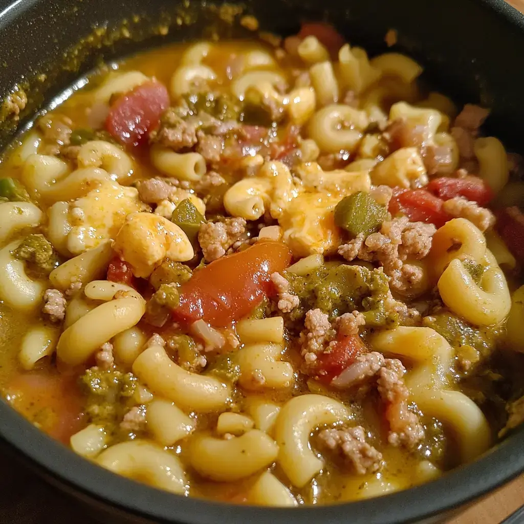 Nahaufnahme eines Schüsselgerichts mit Hackfleisch, Tomatenstückchen und Brokkoli in cremiger Suppe.