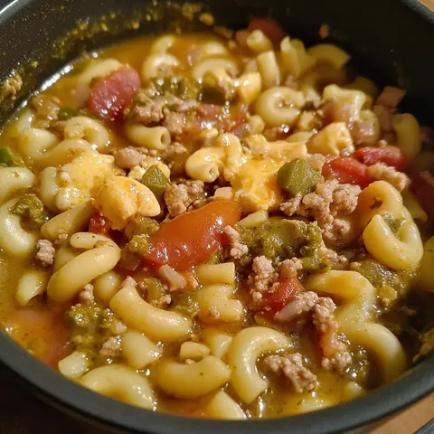 Nahaufnahme eines Schüsselgerichts mit Hackfleisch, Tomatenstückchen und Brokkoli in cremiger Suppe.