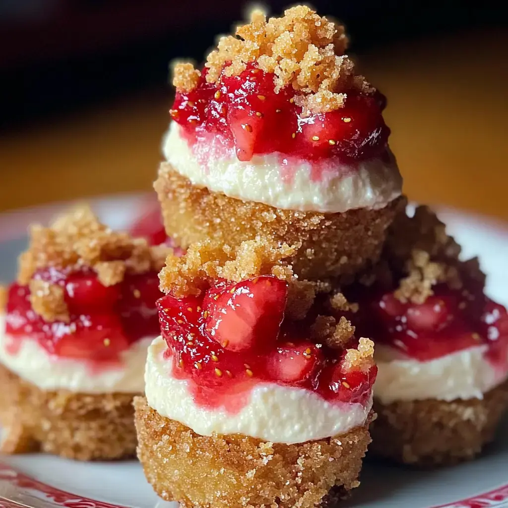 Drei Dessertgläser mit cremiger Füllung, Erdbeersoße und Streusel obenauf.