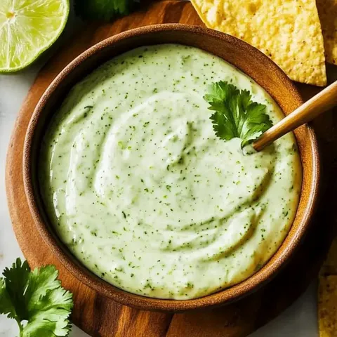 Eine Holzschale gefüllt mit cremiger grüner Sauce, garniert mit einem Korianderzweig, umgeben von Tortillachips und einer Limettenhälfte.